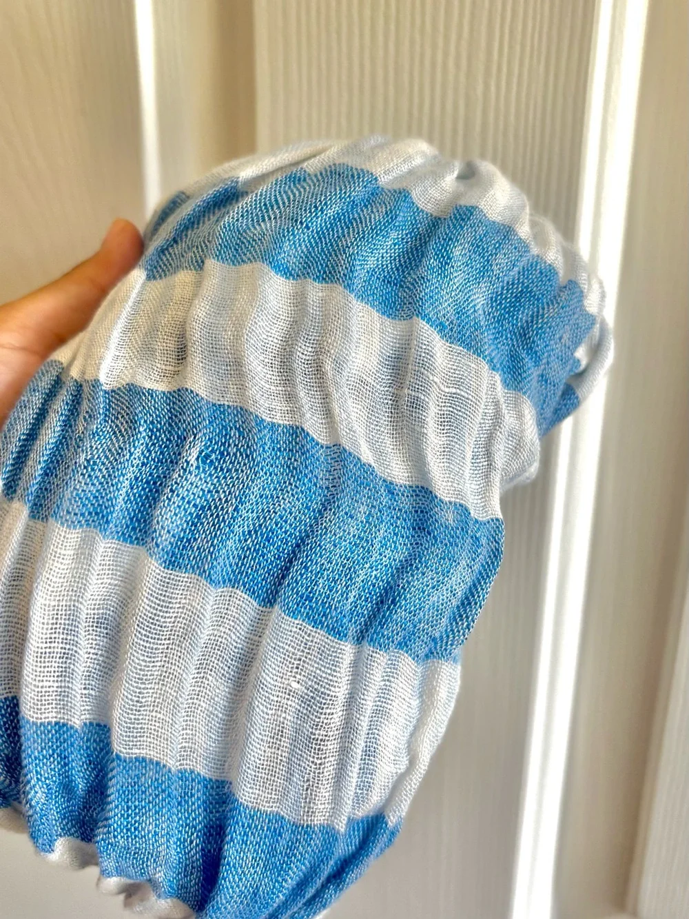 Gap Striped Gauze Cotton Lightweight Boho Scarf Blue Pom-Trim Scarf One Size